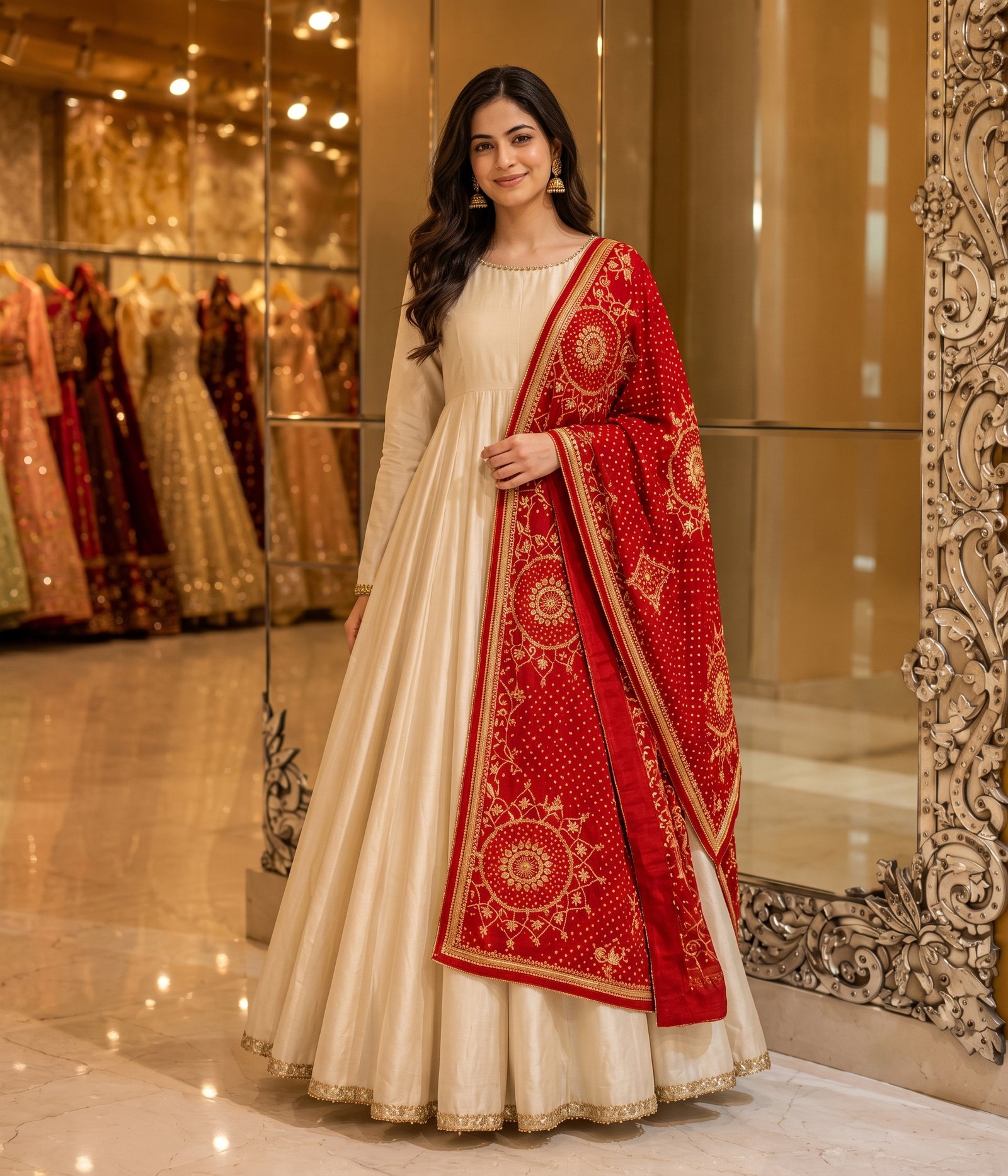 Creamy White & Red Anarkali