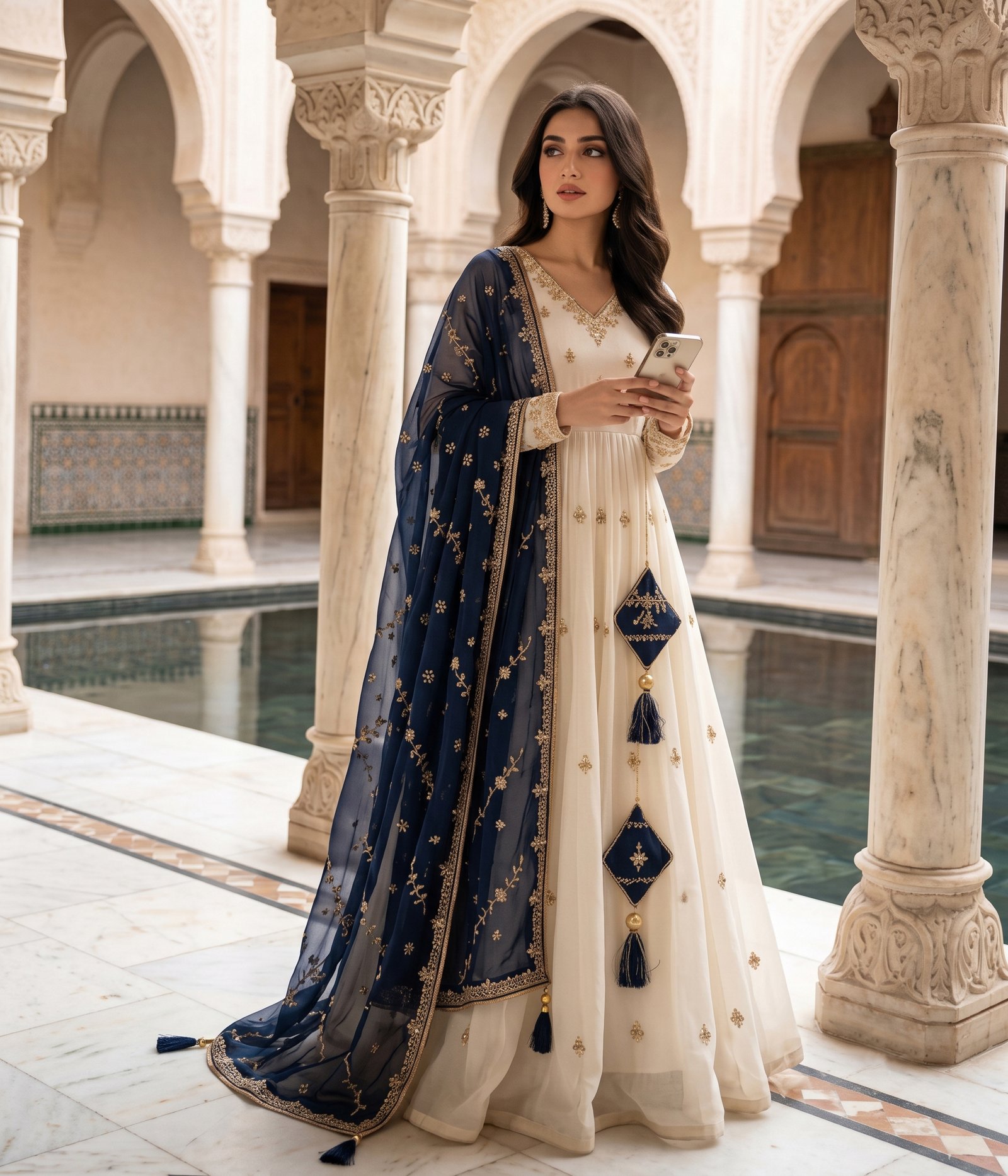 Creamy White & Blue Anarkali