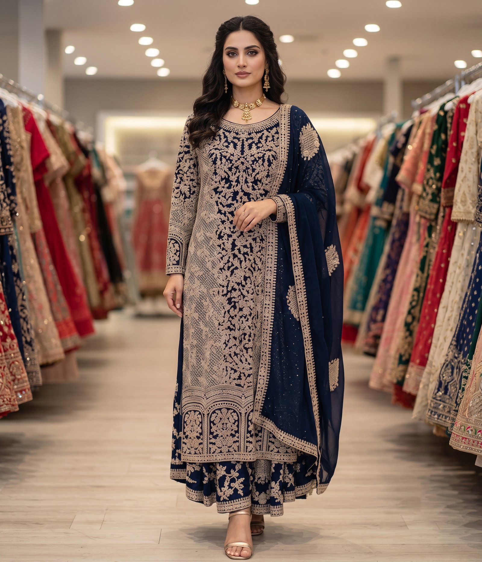 Navy Blue Kurta With Gold Design