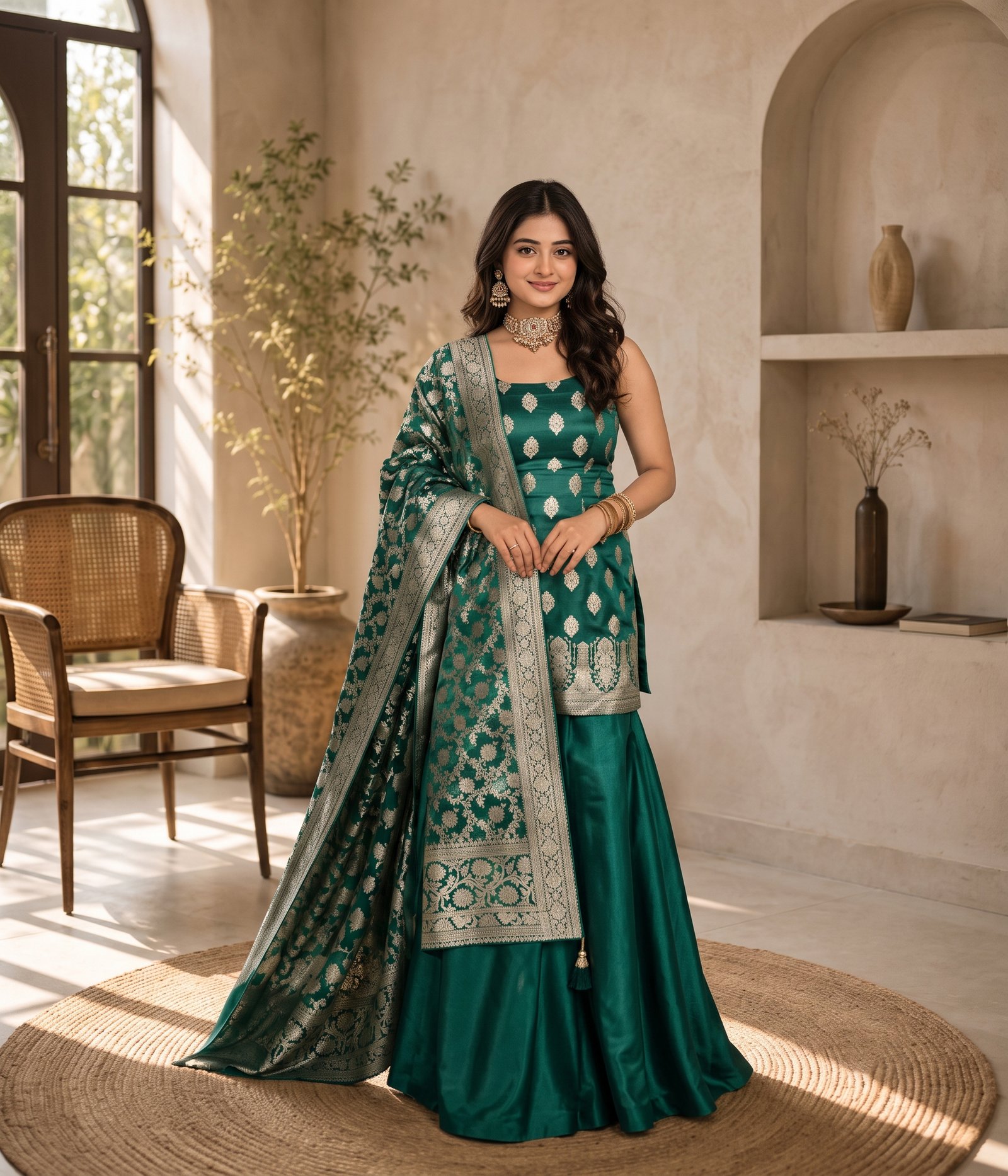 Dark Green Kurta With Silver Design
