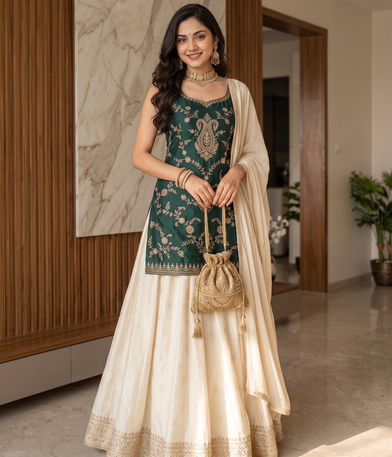 Green and Creamy White Kurta