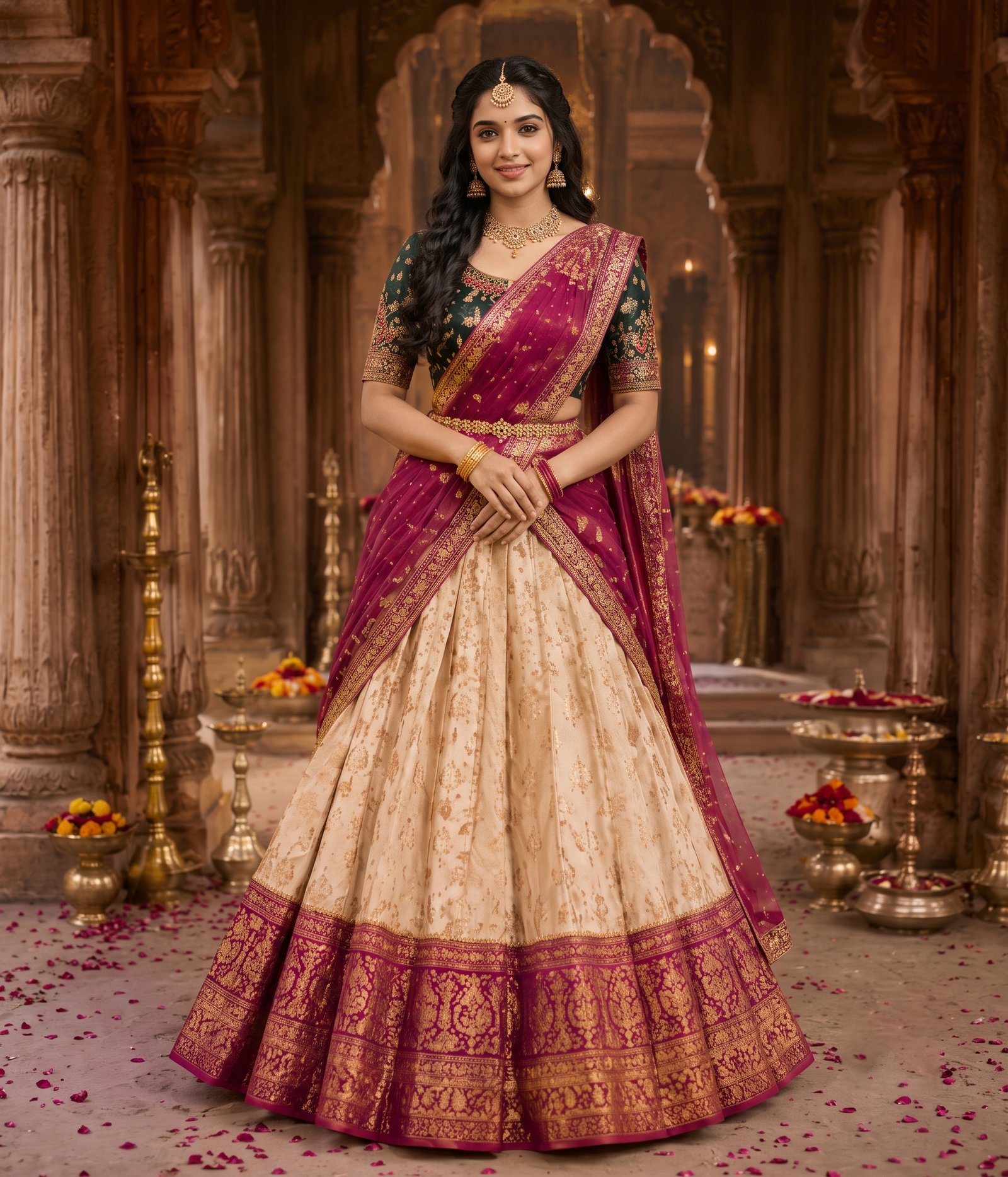 Creamy White & Pink Half Saree